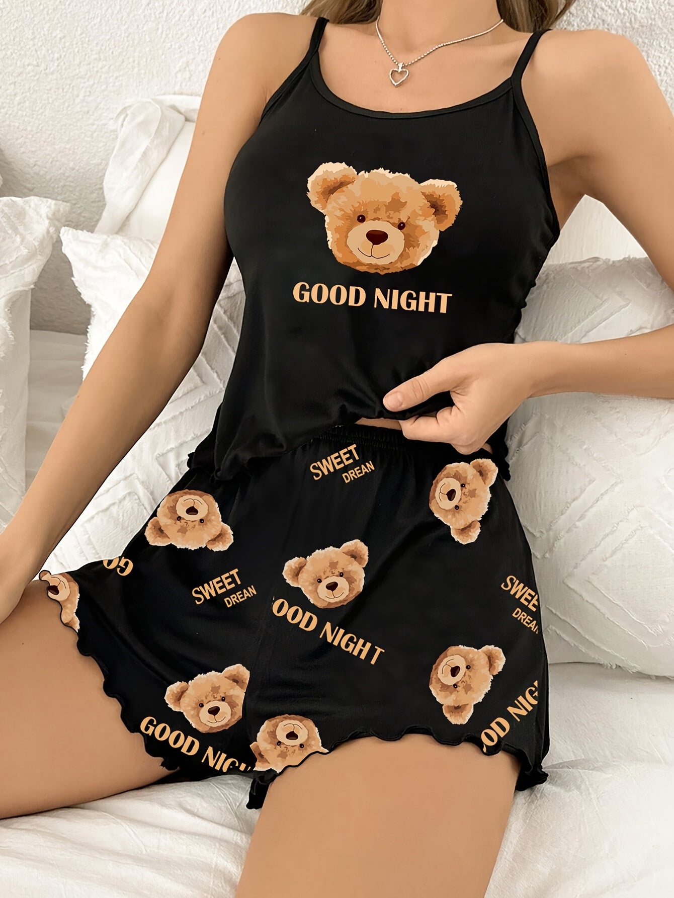 Adult Cartoon Teddy Bear Pajama Set with "Good Night" Lettering Polyester Knit All-Season