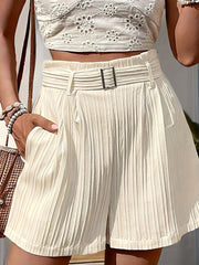 Women's Plus Size Beige Track Shorts With Belt and Wide Waistband