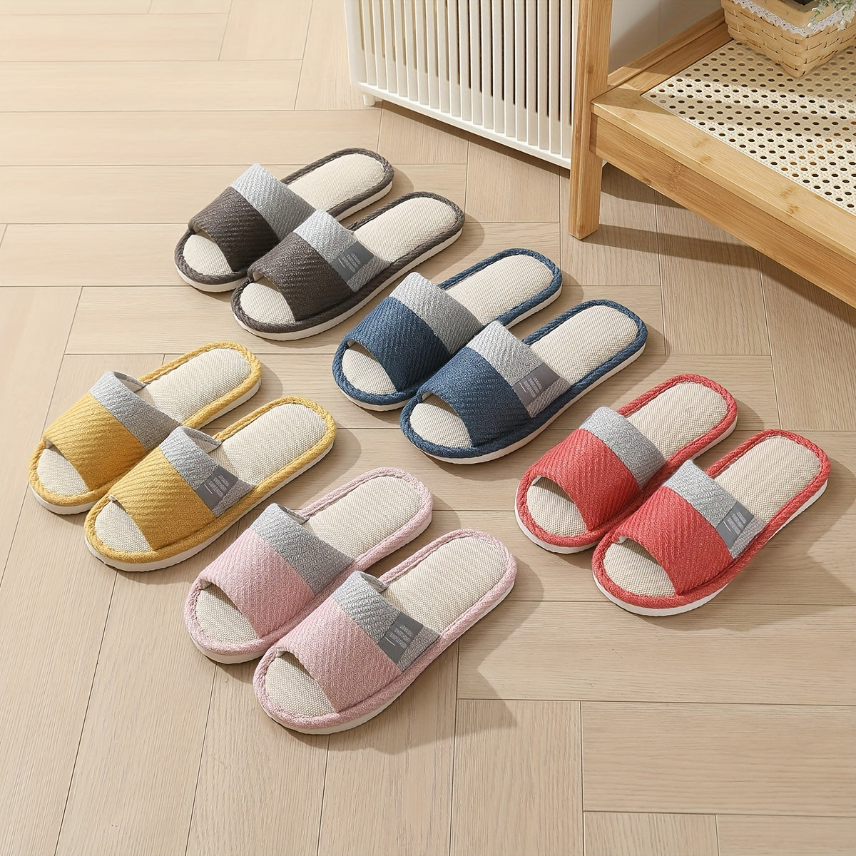 Unisex Linen Slippers Breathable Indoor Shoes Non-Slip Comfort Beige Pink