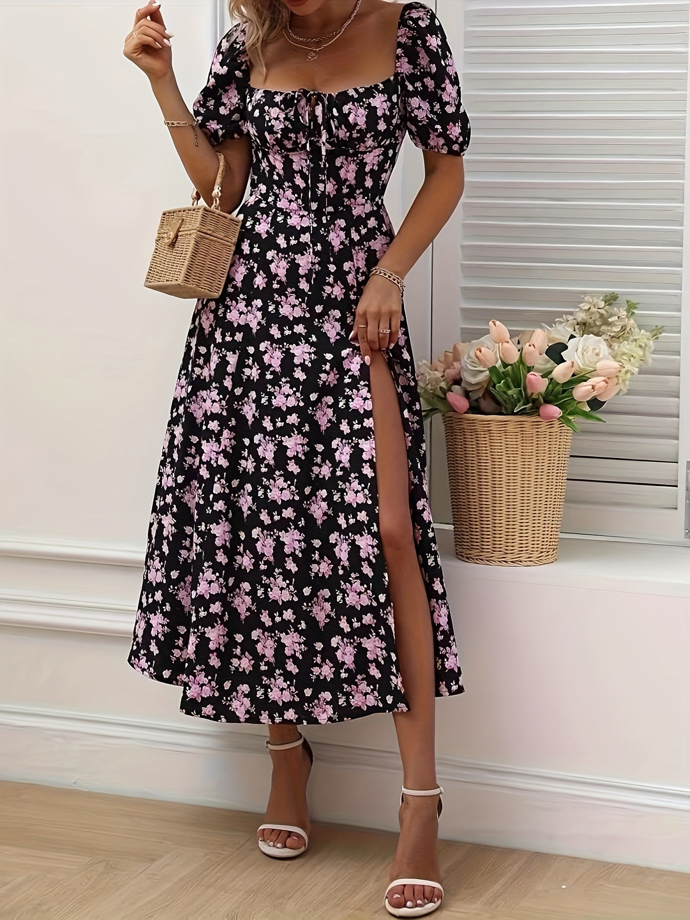 Women's Floral Print Puff Sleeve Dress with Split Hem for Summer