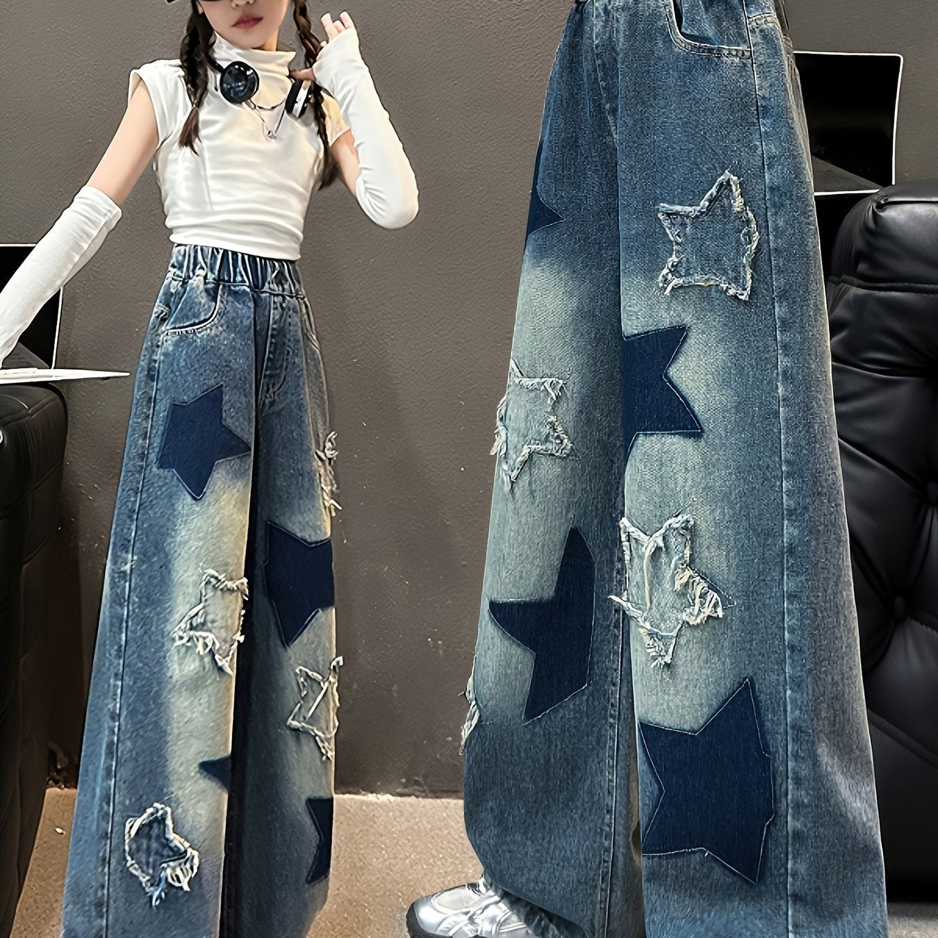 Kids Denim Jeans with Geometric Star Pattern, Loose Fit, Cotton Blend, All-Season