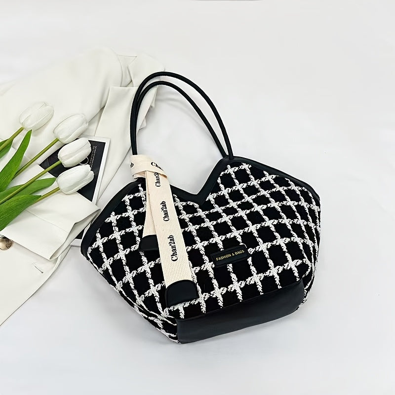Black Plaid Tote Bag for Women with Zipper Closure and Matching Strap