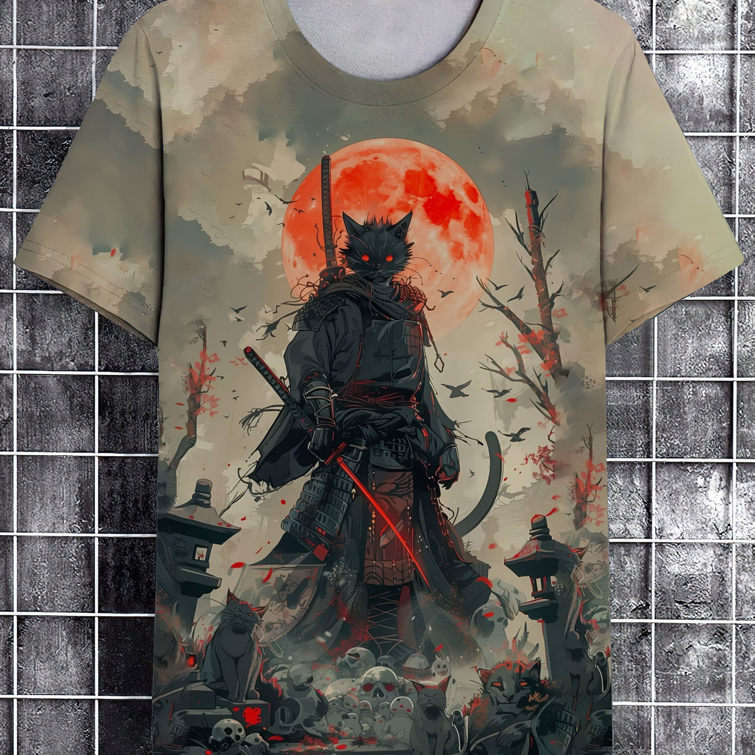 Camiseta de verano para hombre con patrón de pintura de tinta samurái de manga corta, casual, de punto, poliéster