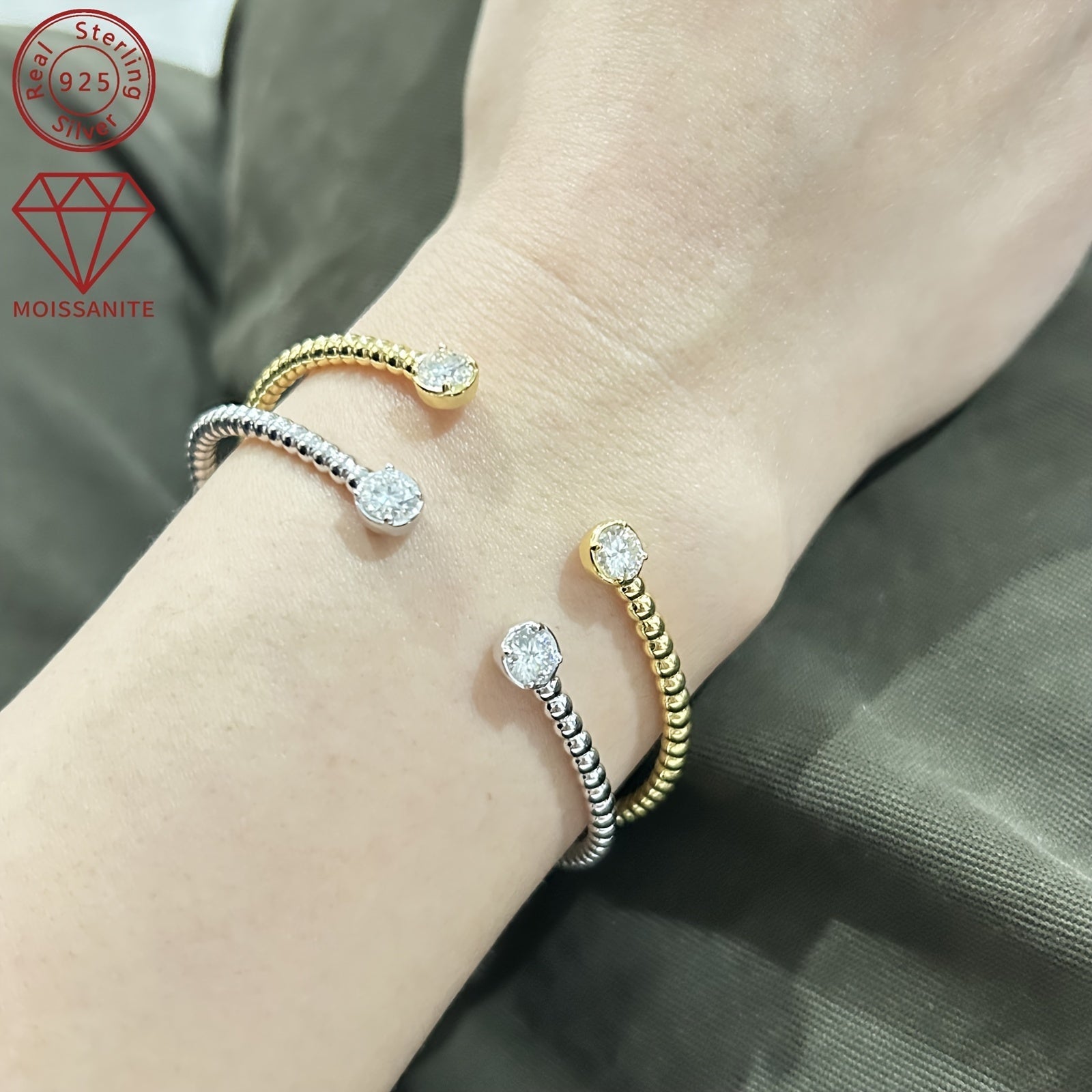 Women's Silver Bangle with Mozambique Stones 925 Solid Silver 10.19g 1.0ct