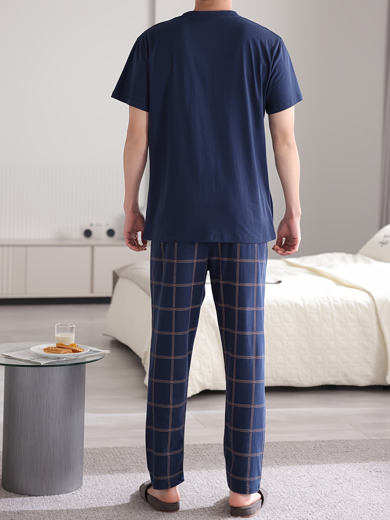 Men's Plus Size Cotton Short Sleeve Pajama Set with Plaid Trousers Lounge Wear