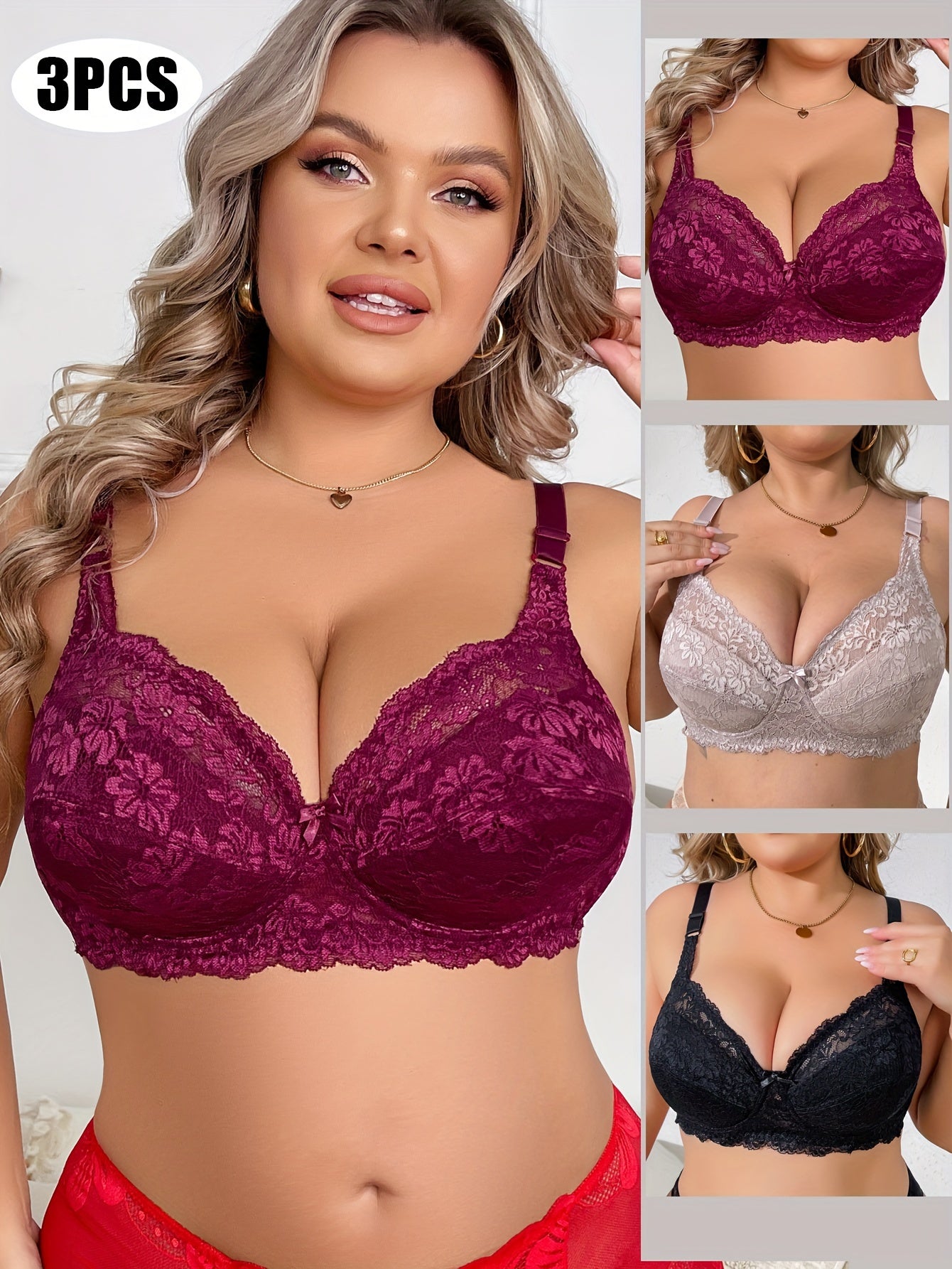 3-комплект бюстгальтеров для женщин больших размеров, полиамидное трикотажное с косточками, несъемная набивка, однотонное кружево