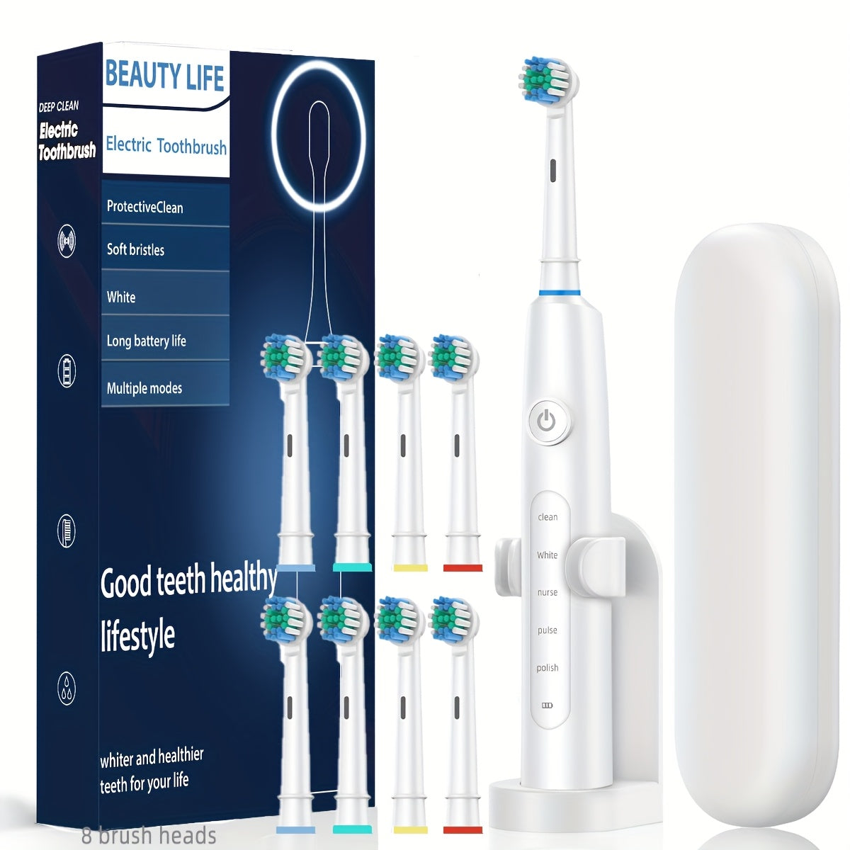 Adult Electric Toothbrush Set with 8 Replaceable Heads Travel Case USB Rechargeable
