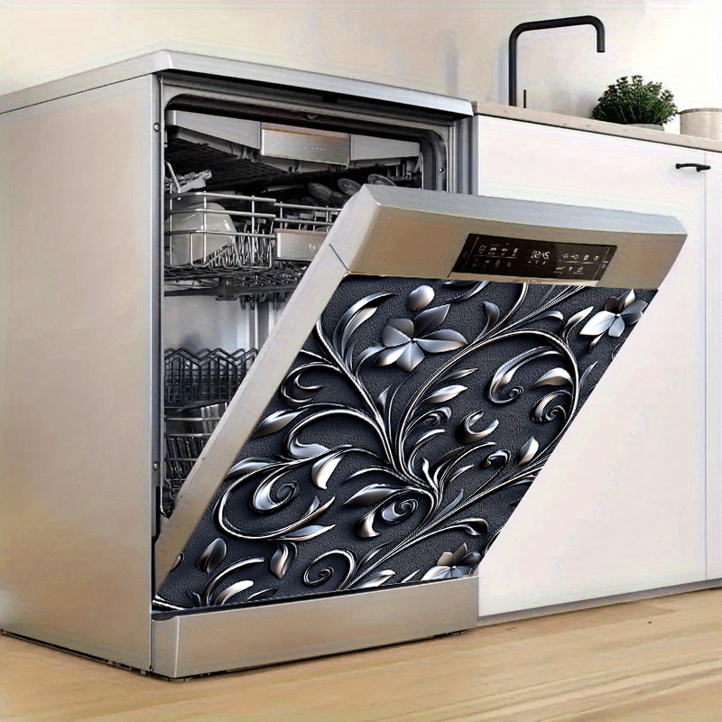 Qorong'i gul bosilgan idish-tovoq magnit stiker, suv o'tkazmaydigan, bezakli oshxona texnikasi, qora, kumush barg, 58.5x65 sm