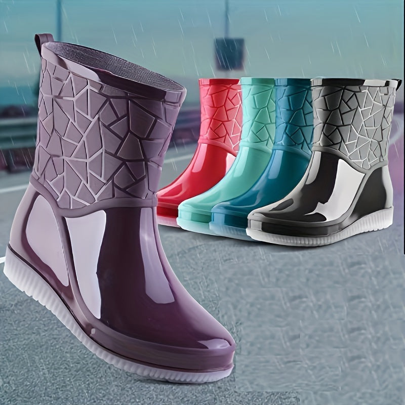 Women's Rain Boots PVC Waterproof Slip-On Ankle Flat Heel Casual Solid Color