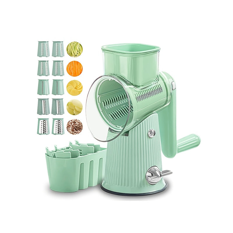 Rallador de queso giratorio con mango, 5 cuchillas, base con ventosa, cortador de verduras