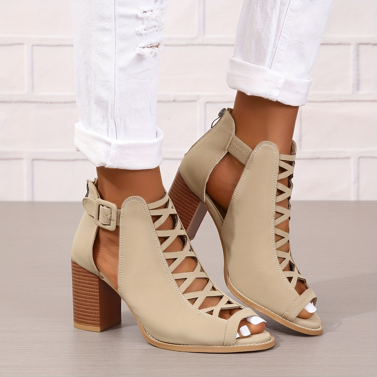 Women's Brown Faux Leather Ankle Boots Peep Toe Chunky Heel Crisscross Straps Buckle Closure Summer Rubber Sole