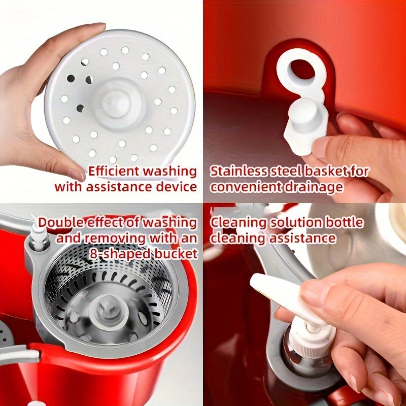 Juego de cubo y mopa giratoria roja con 3 paños de mopa para suelos de madera y limpieza en húmedo