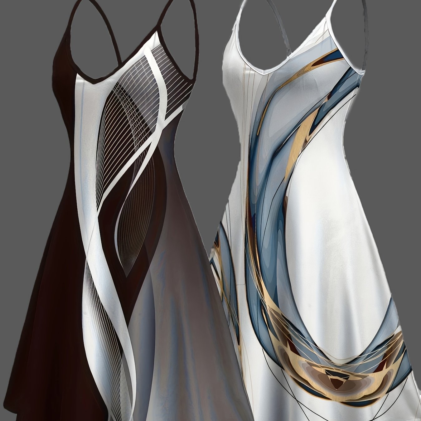 Women Plus Size V-Neck Spaghetti Strap Nightgowns White Purple Abstract Print Slip Dresses