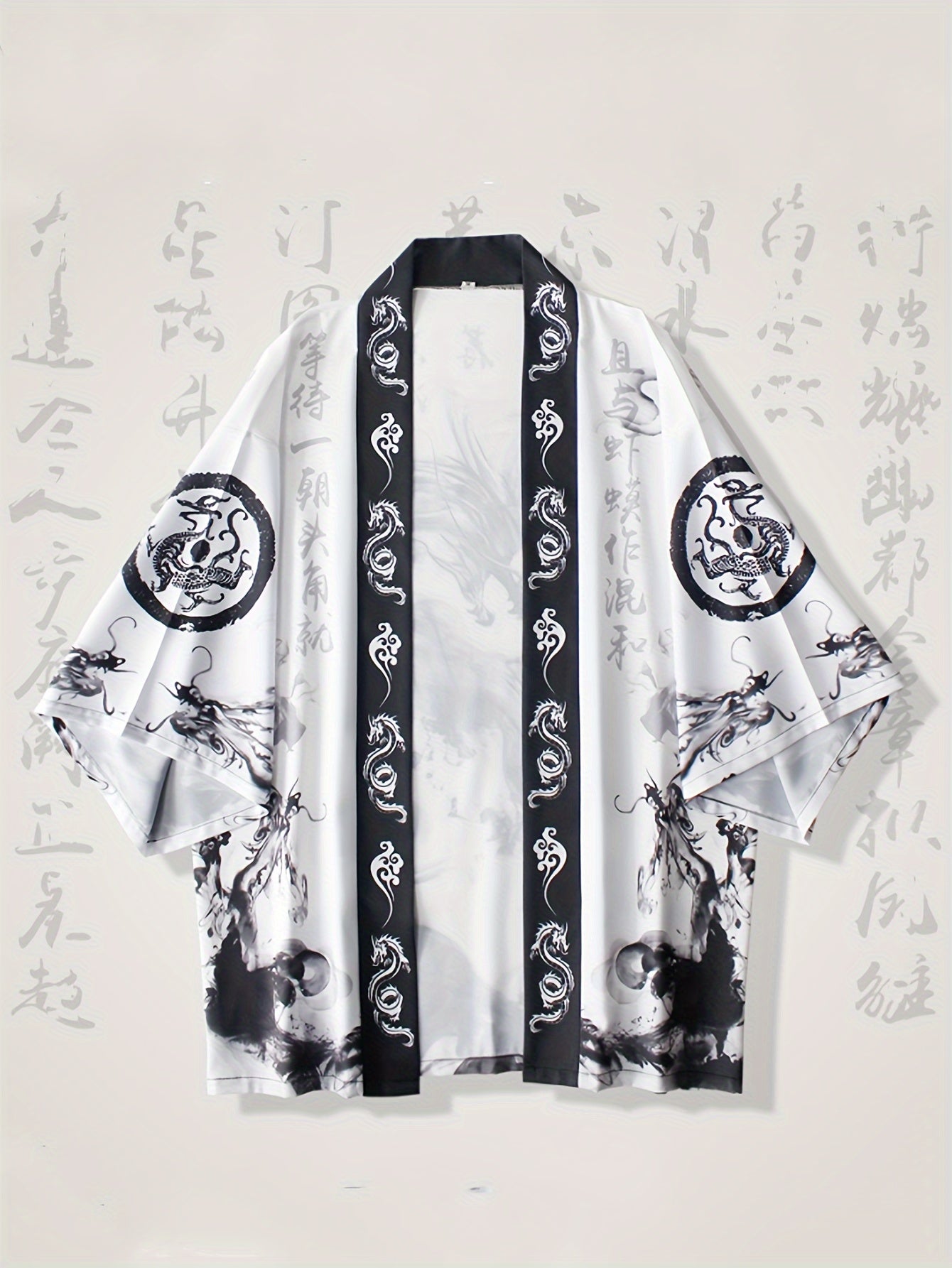 Men's Lightweight Kimono Cardigan with Dragon Print, 3/4 Sleeves, Open Front