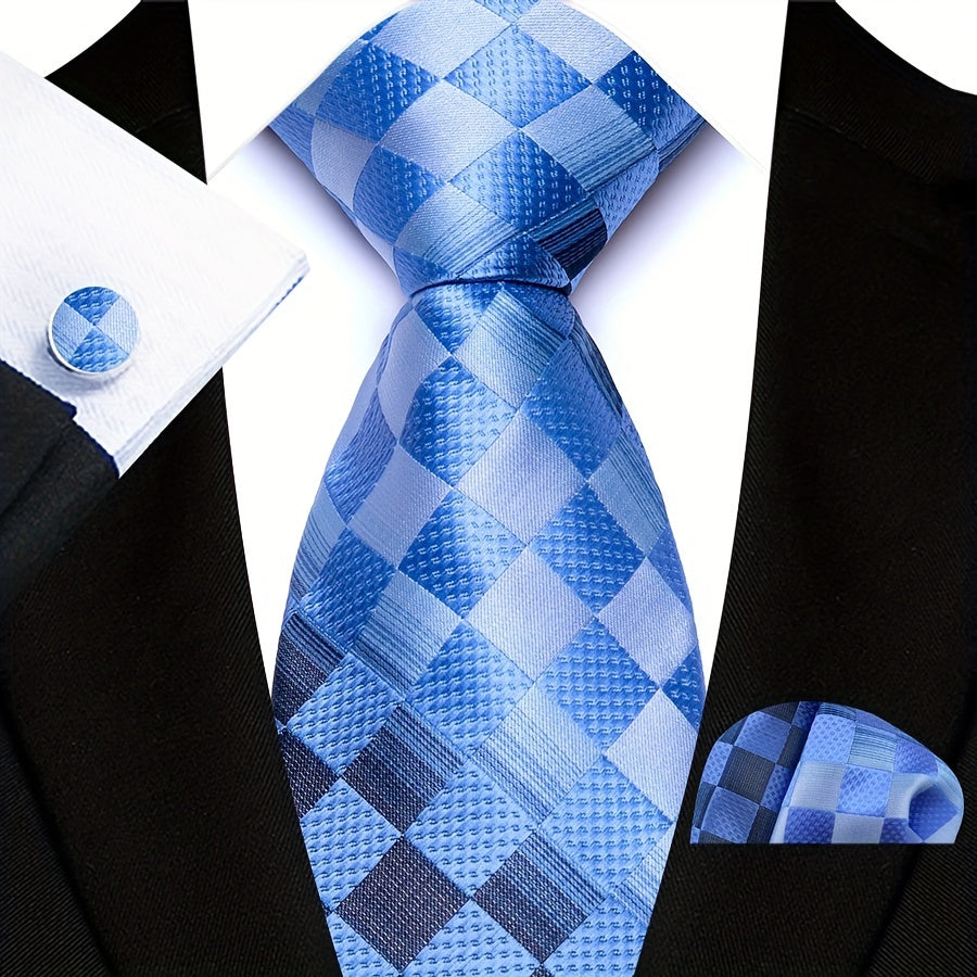Men's Plaid Pattern Tie Pocket Scarf Cuff Set for Suits Gift