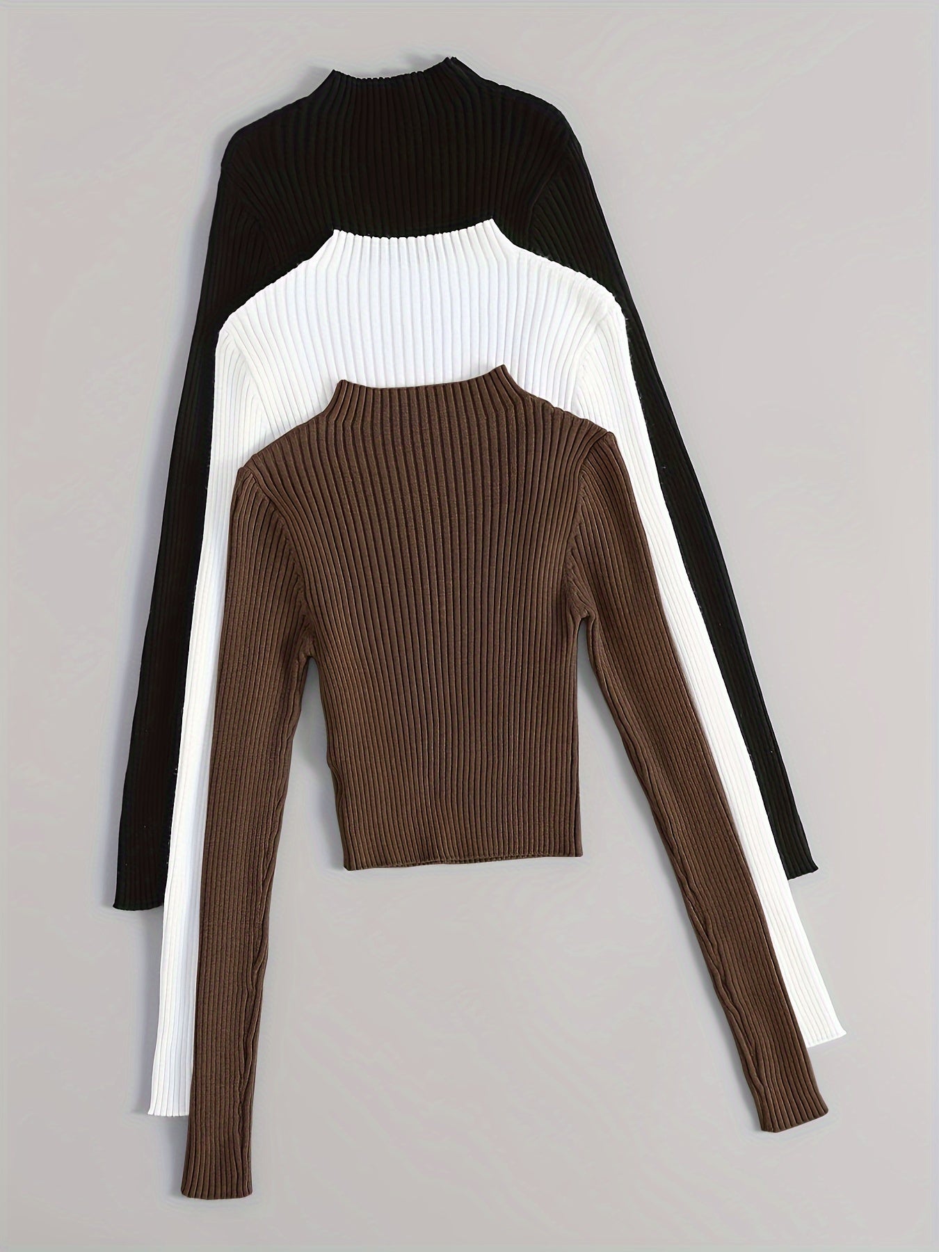 Camisetas de punto de canalé de color sólido para mujer, pack de 3, cuello alto, otoño e invierno, ajuste ajustado, suéteres casuales