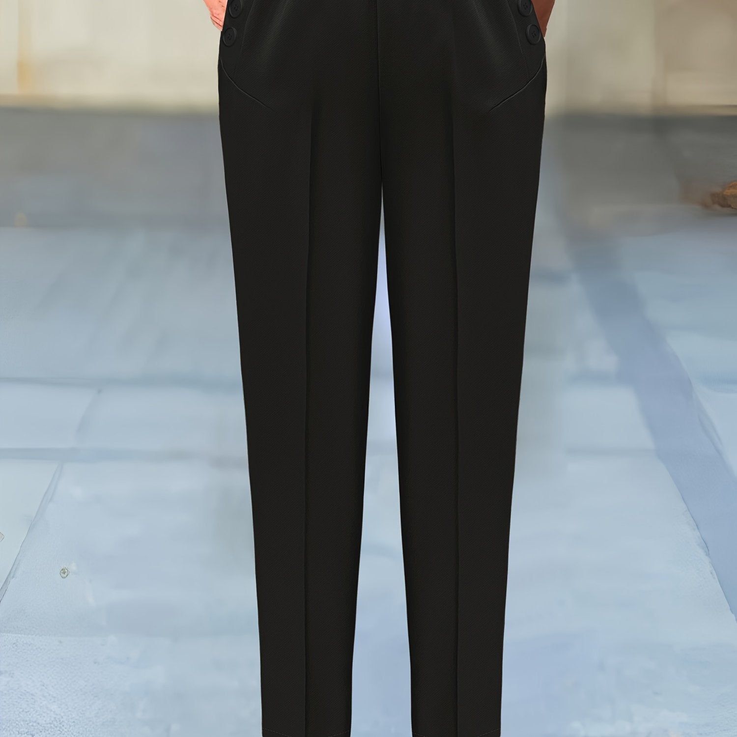 Women's Plaid Print Woven Trousers with Elastic Waist and Button Decor for Work