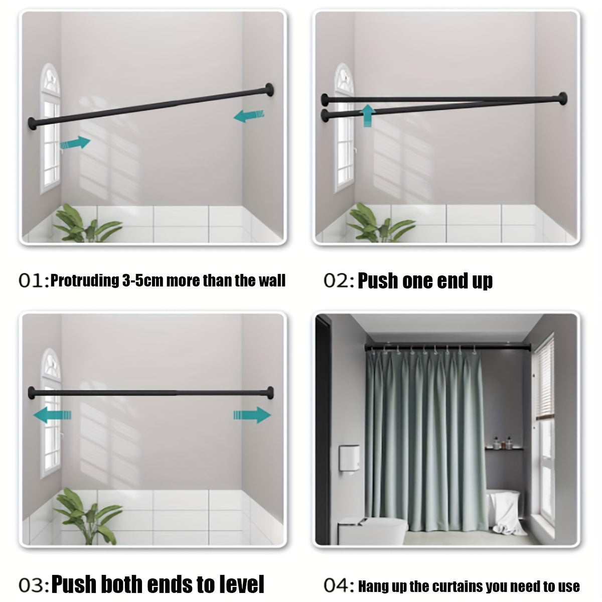 Moslashuvchan Rustproof Metal Curtain Rod Uzaytiradigan G'ichqichli Tension uchun Hammom, shkaf, deraza, eshik