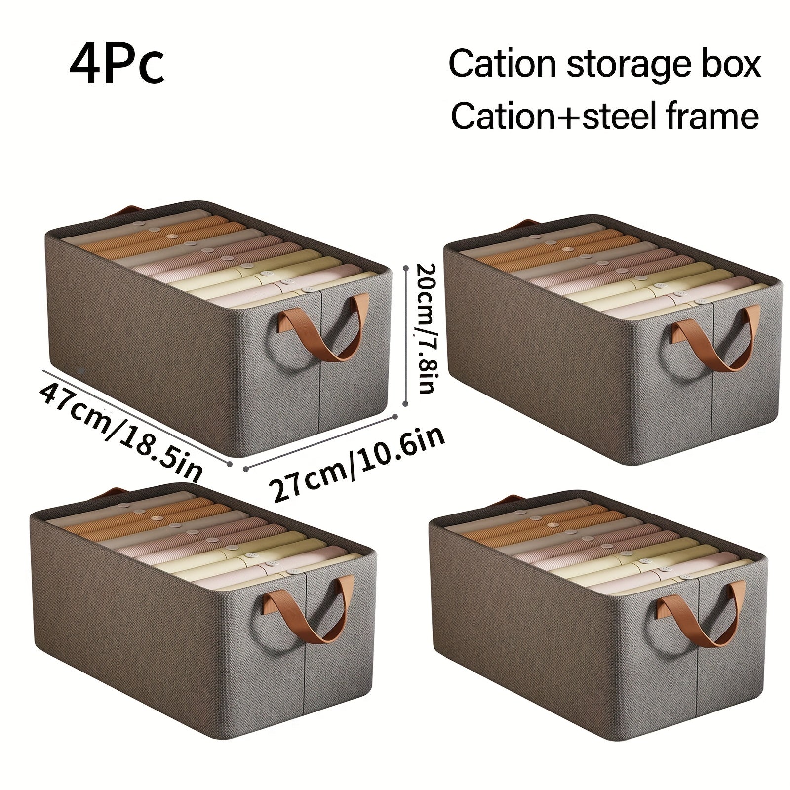 Juego de cuatro cestas de tela gris para ropa, ropa de cama y organización