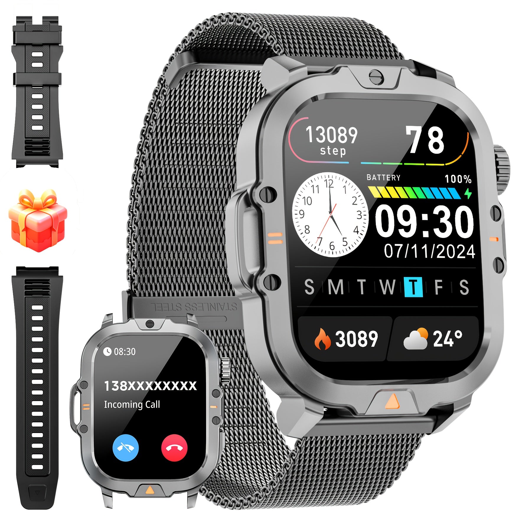 LZUEFK Smartwatch erkaklar va ayollar uchun, 5.11 sm HD ekran, simsiz qo'ng'iroq, fitnes kuzatuvchi, kaloriya va pedometr, mustahkam silikon tasma bilan.