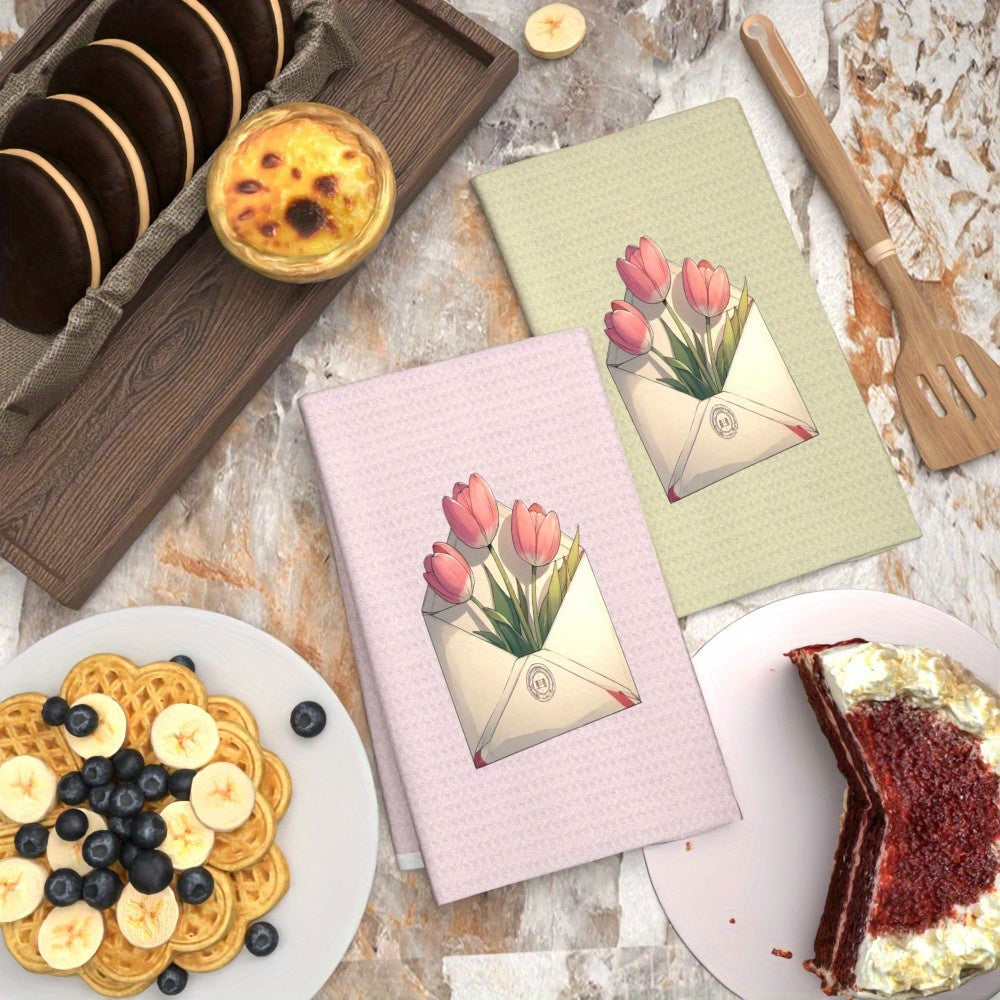 Set of 2 Cartoon Tulip Print Towels, Soft Quick-Drying Kitchen Bathroom Decor