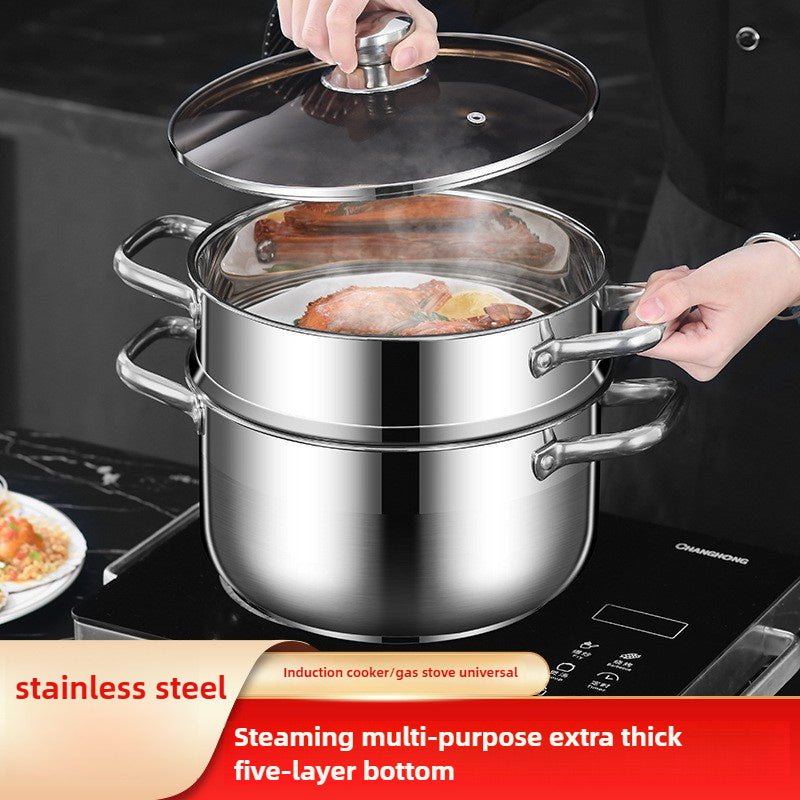 Stainless Steel Steamer Pot with Double Layer Basket 21.84cm for Induction Gas Stove