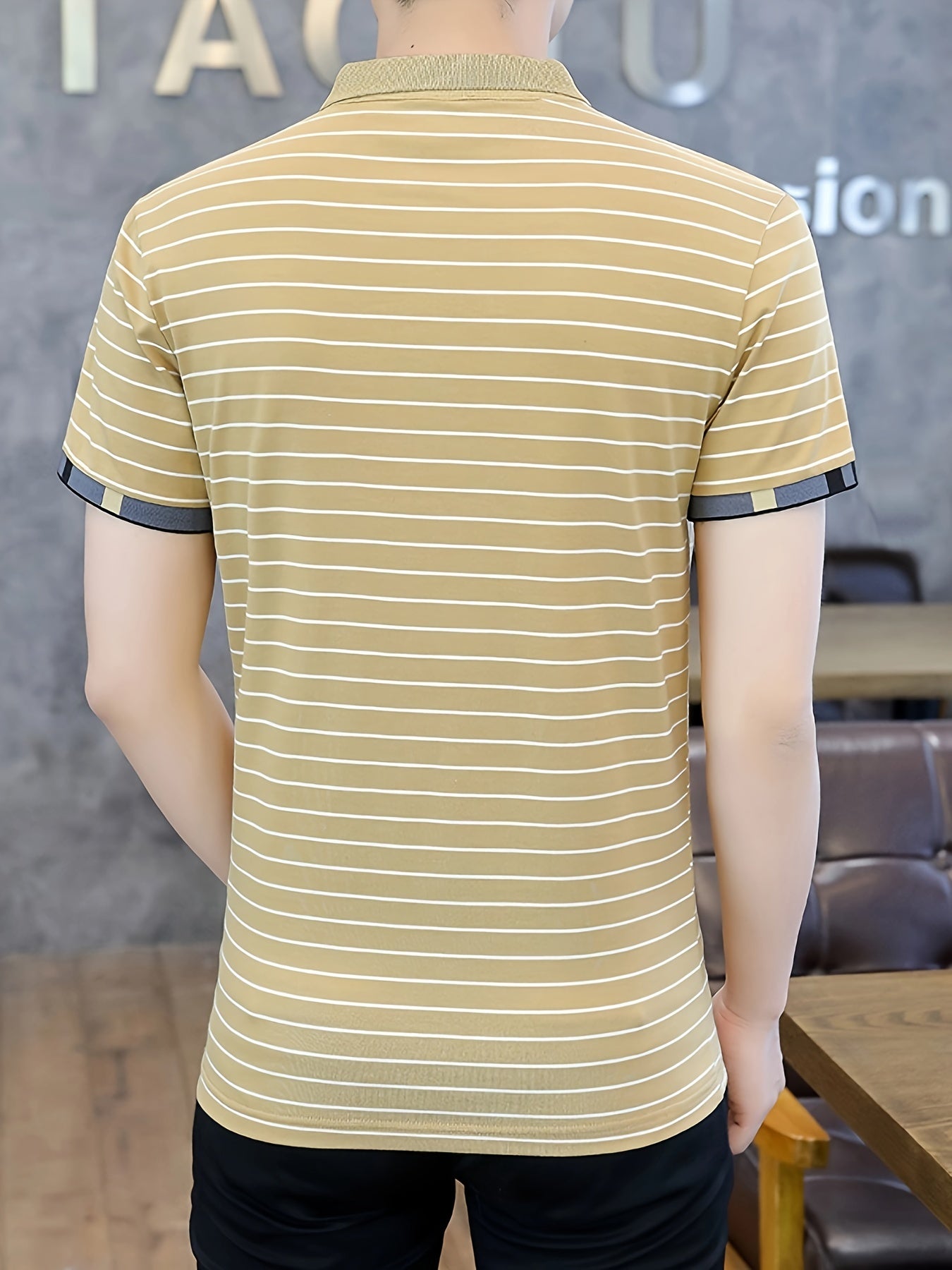 Men's Striped Cotton Golf Shirt Short Sleeve Embroidered Print Casual Lapel Summer Outdoor