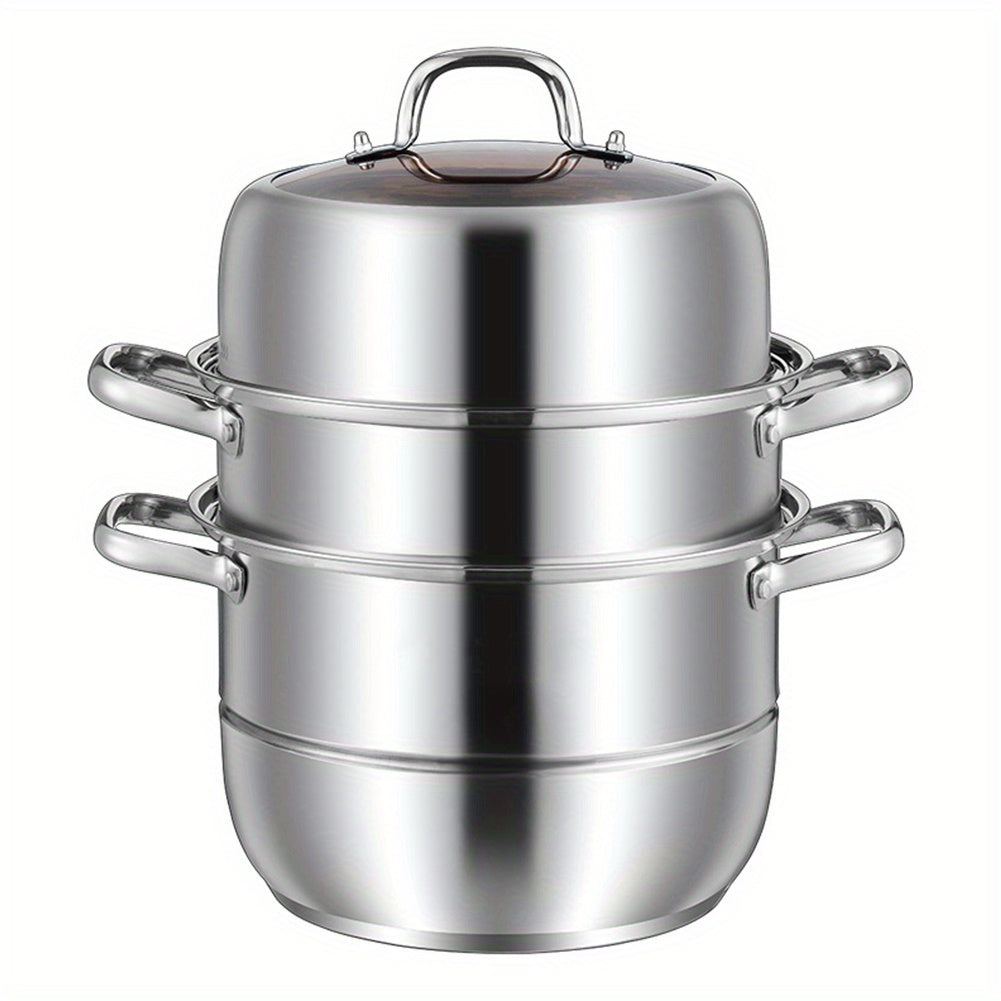 Three-Tier Stainless Steel Steamer Pot 27.94cm with Glass Lid for Vegetables and Dumplings