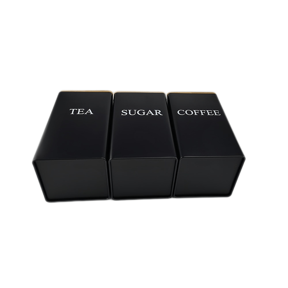 Square Metal Canisters Set with Wooden Lids for Tea Sugar Coffee Storage