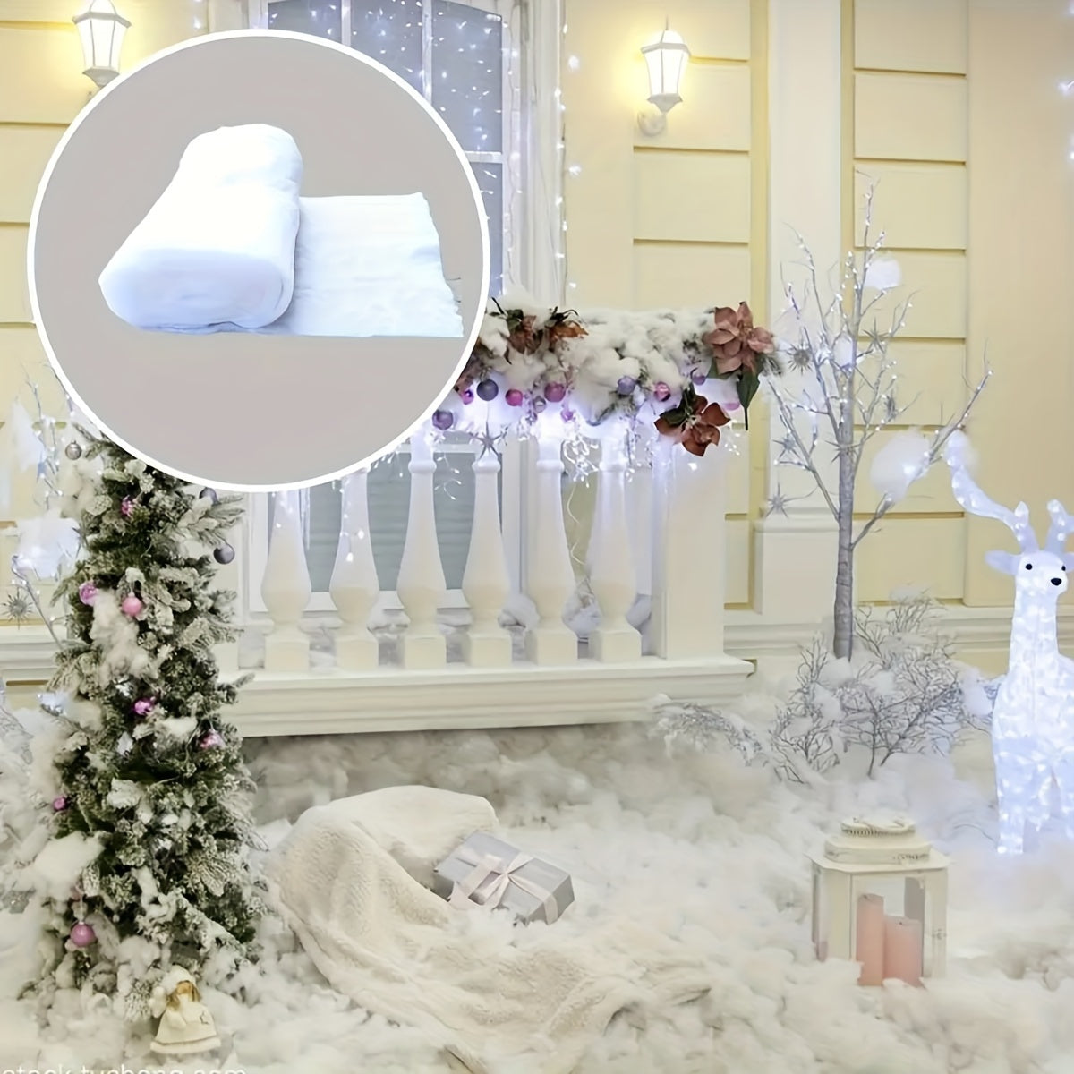 Artificial Snow Decor for Christmas and Holiday Decorations, Includes Snowballs and Backdrops