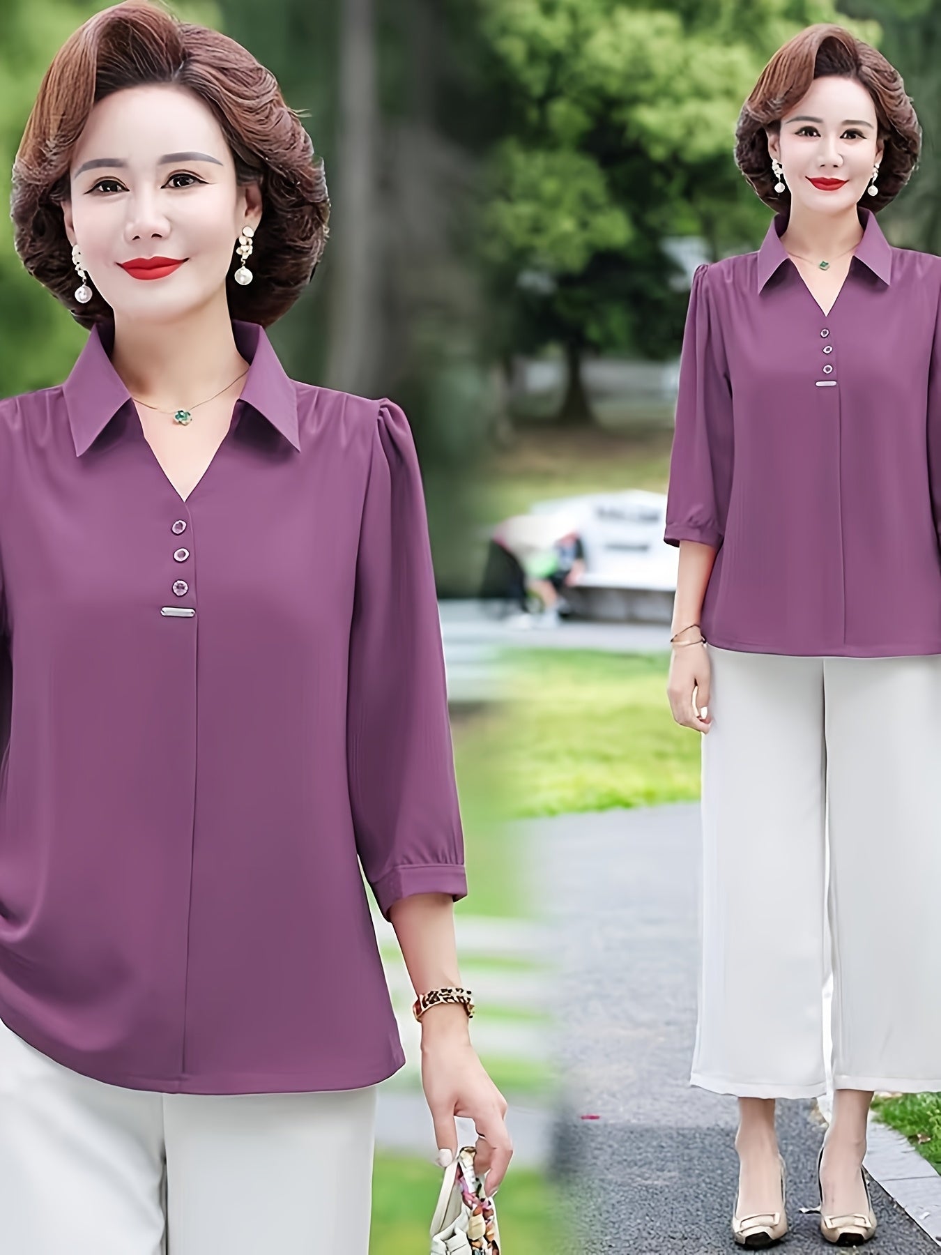 Women's Purple Chiffon Blouse with 3/4 Sleeves, Slim Fit, Decorative Buttons