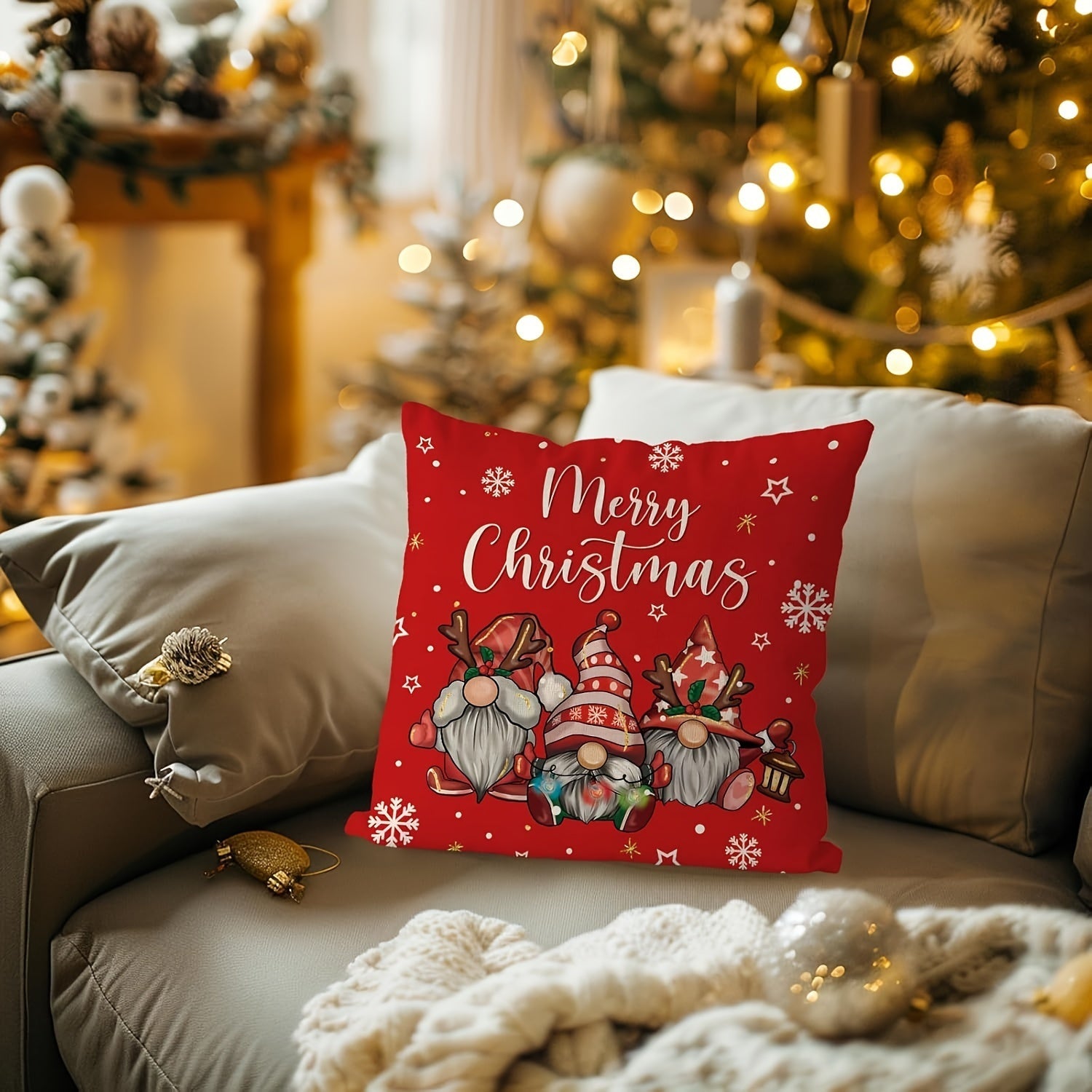 Christmas Gnome Linen Pillowcase Red Holiday Cushion Cover Zipper Machine Washable