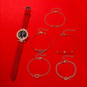 6 ta ayollar uchun rhinestone yurak quartz soatlari to'plami, charm bilaguzuklar va bilakuzuklar bilan