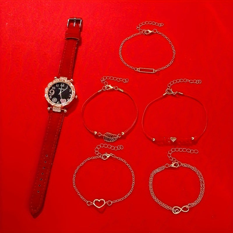 Set of 6 Women's Rhinestone Heart Quartz Watches with Leather Wristbands and Bracelets