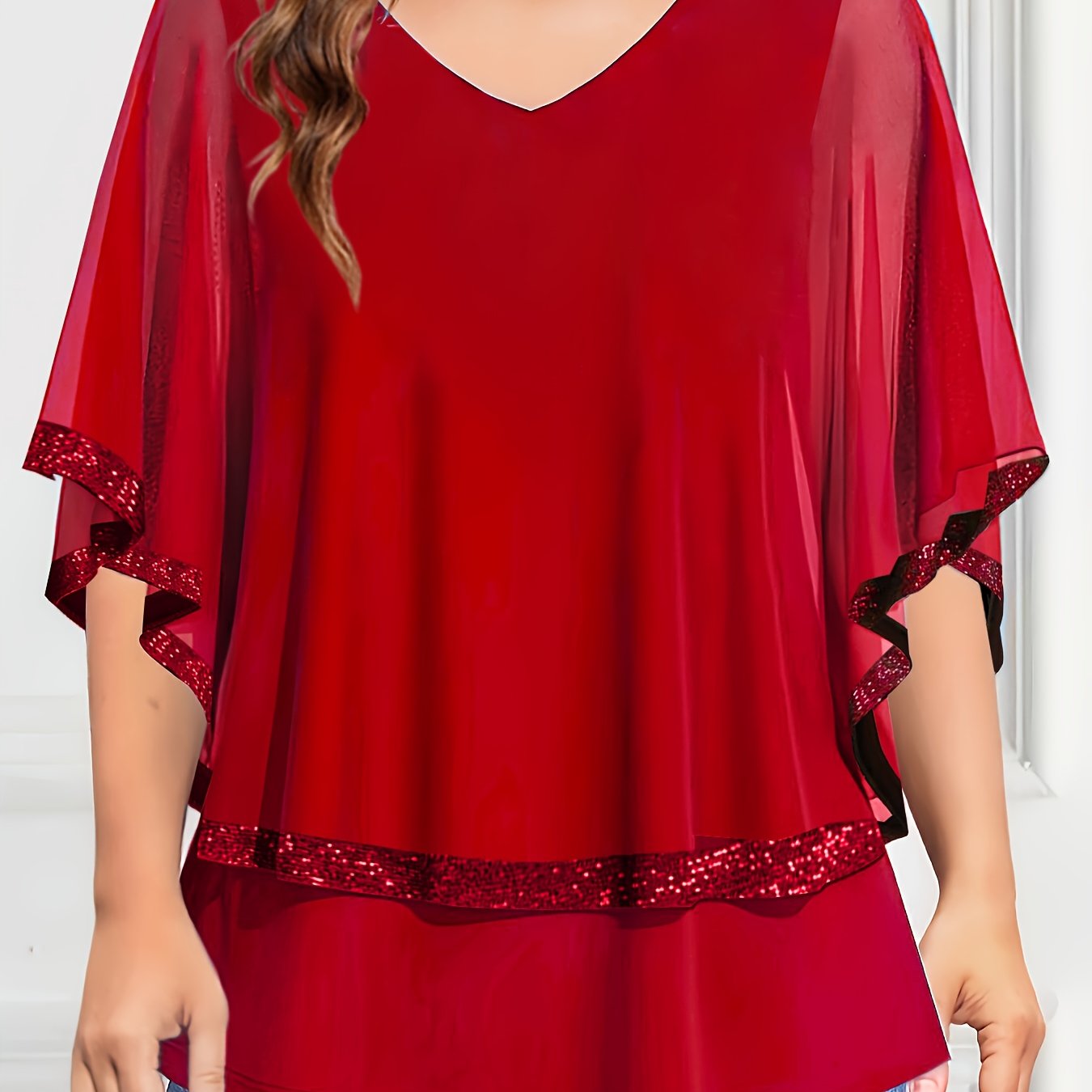 Women Plus Size Chiffon V-Neck Top Sequin Accents Light Blue