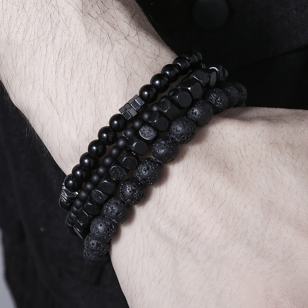 Set of Four Black Stone Volcanic Rock Wood Bead Bracelets for Men Fashion Accessory