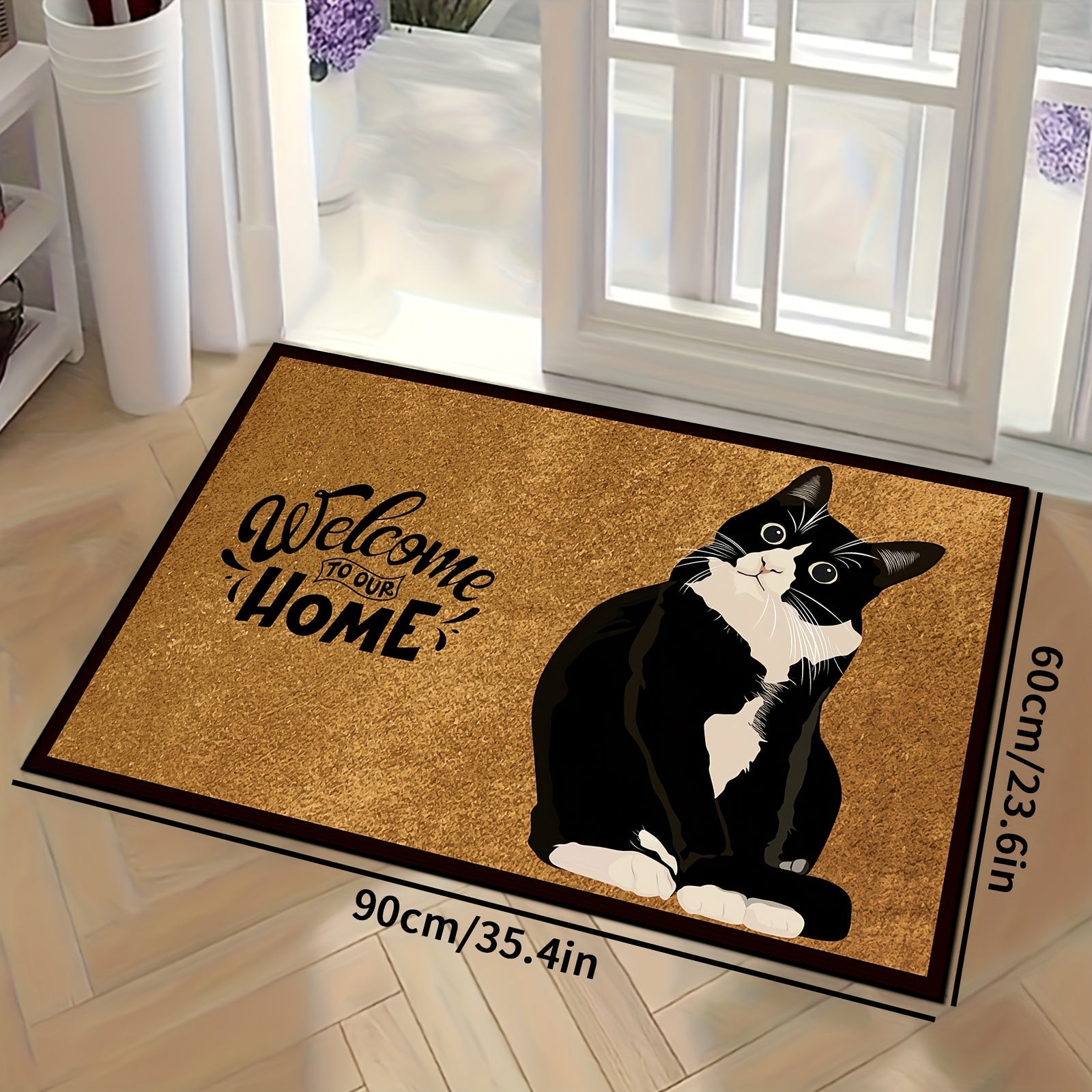Black and White Cat Welcome Doormat Polyester Non-Slip Entry Rug