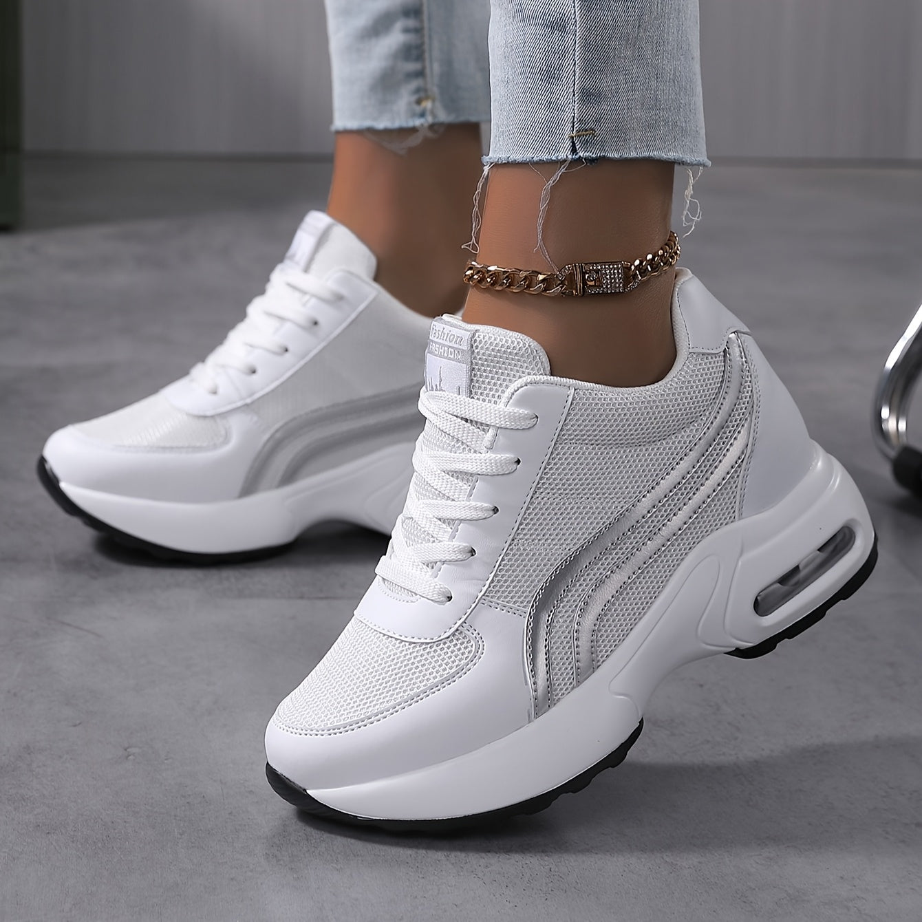 Women'S Mesh Casual Sneakers with Cushioned Air Sole, White, Low-Top, Comfortable Walking Shoes