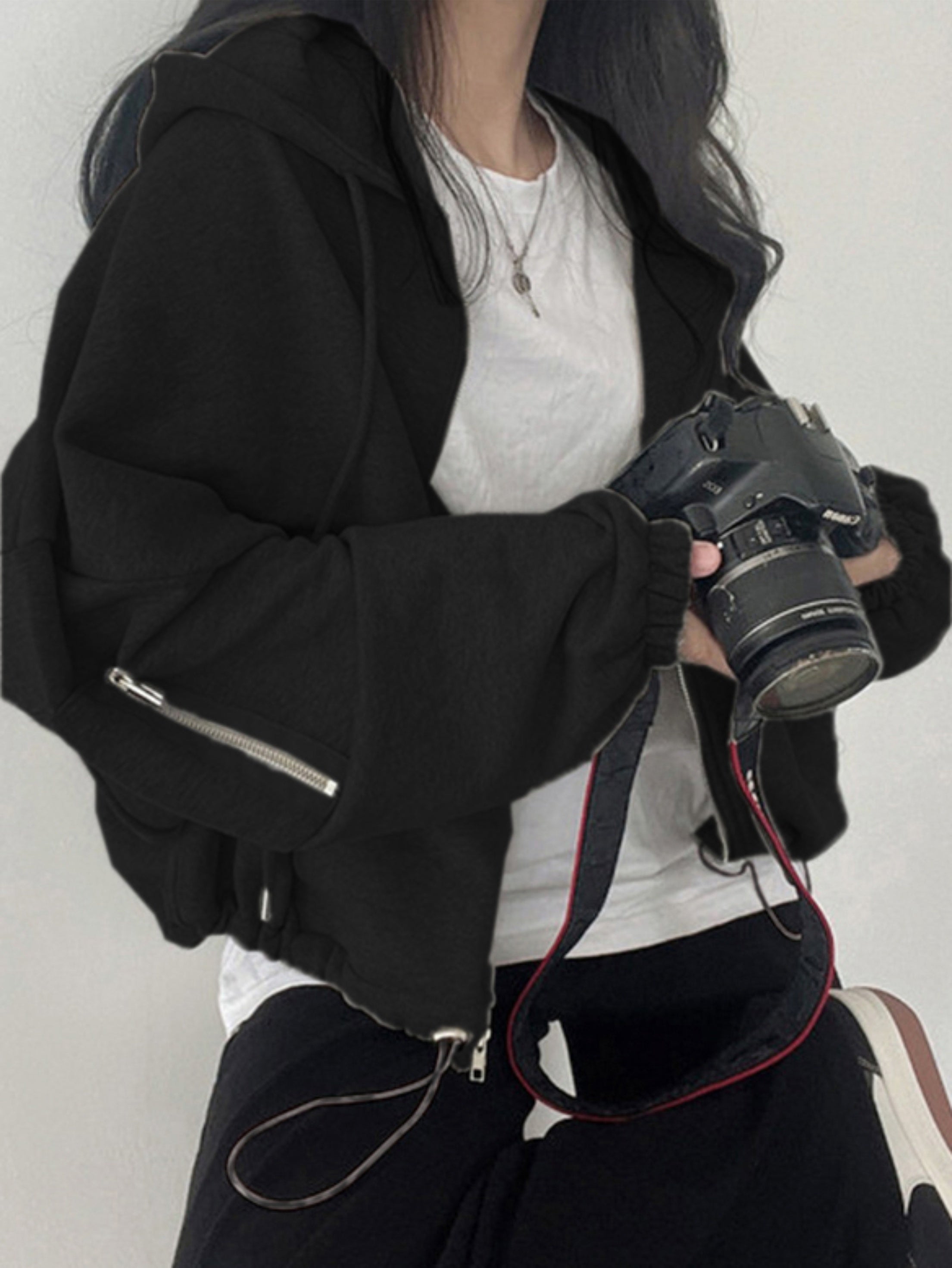 Women's Black Cropped Hoodie Jacket with Zip-Up Closure and Side Pockets