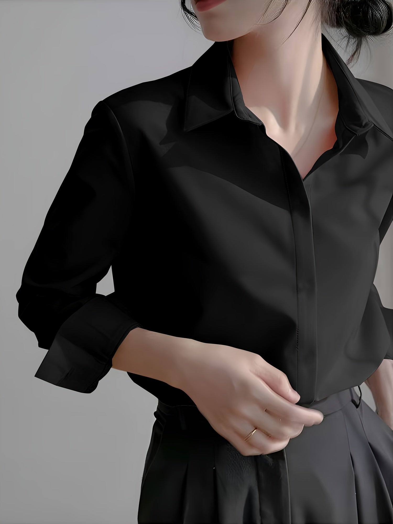 Women's Long Sleeve Solid Color Woven Polyester Blouse with Pointed Collar