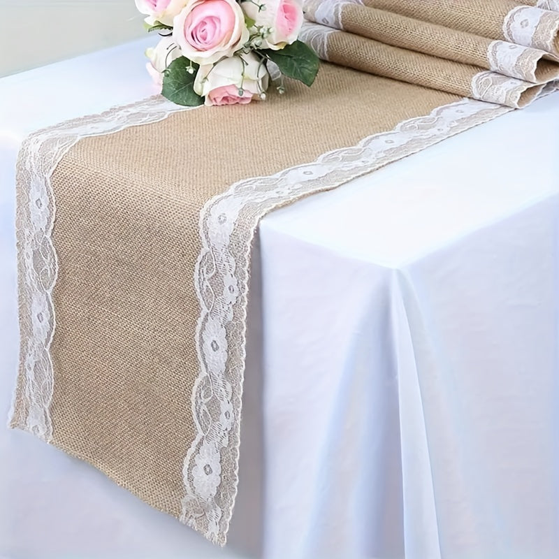 Rustic Burlap Table Runner with Lace Trim for Weddings Parties and Holiday Decor