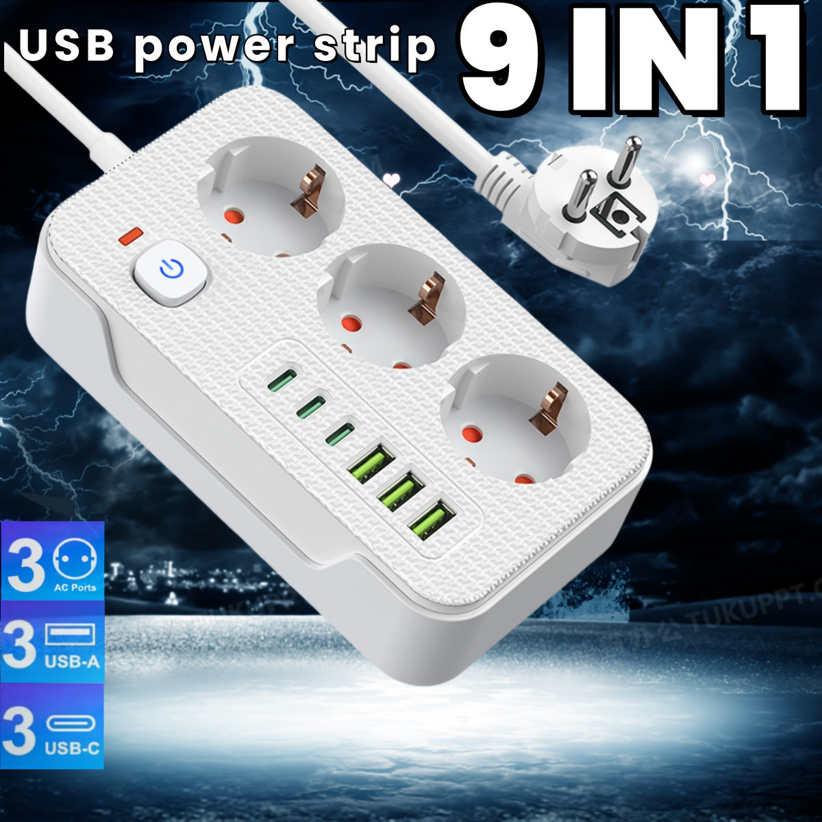 Многофункциональный удлинитель с 3 розетками AC, портами USB-A и Type-C, удлинителем длиной 198 см