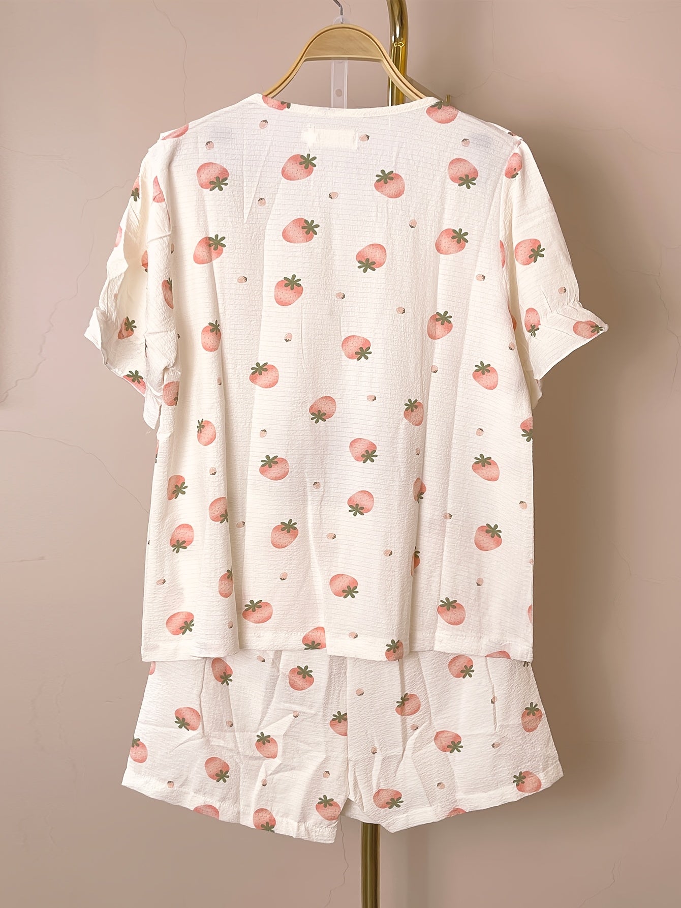 Conjunto de pijama de verano para mujer con top de manga corta y pantalones cortos con estampado de fresas y flores de poliéster sueño