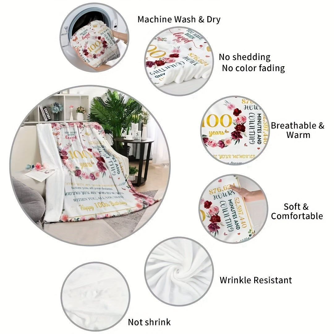 Floral 100th Birthday Blanket for Elderly Women Fleece Throw All-Season Cozy