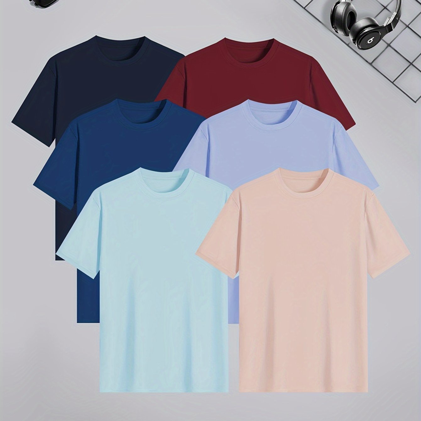 Conjunto de 6 camisetas de manga corta de color sólido para hombre, poliéster, ropa casual