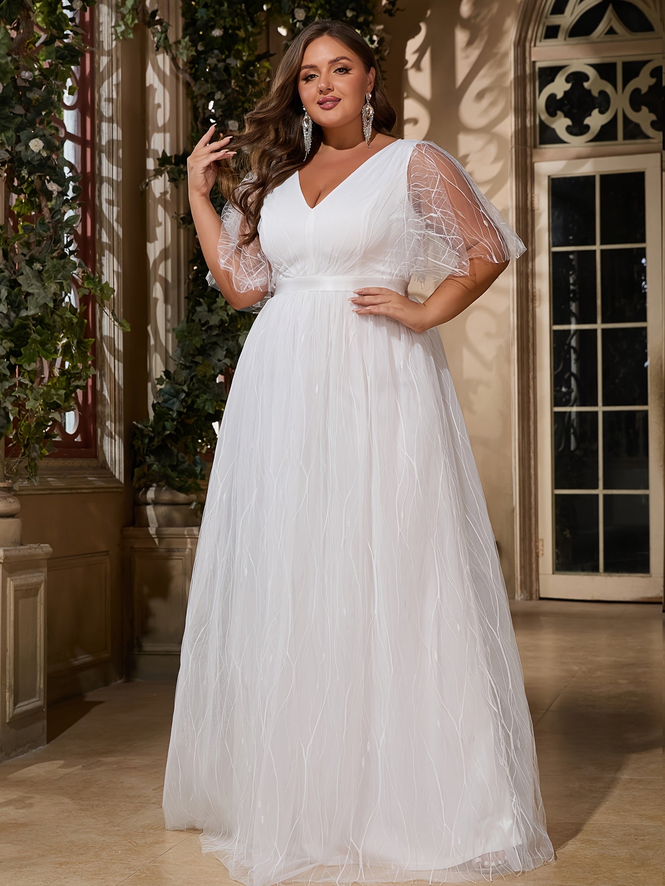 Plus Size Women's V-Neck Ruffle Sleeve Mesh Overlay Wedding Dress Maxi Skirt Formal Evening Wear