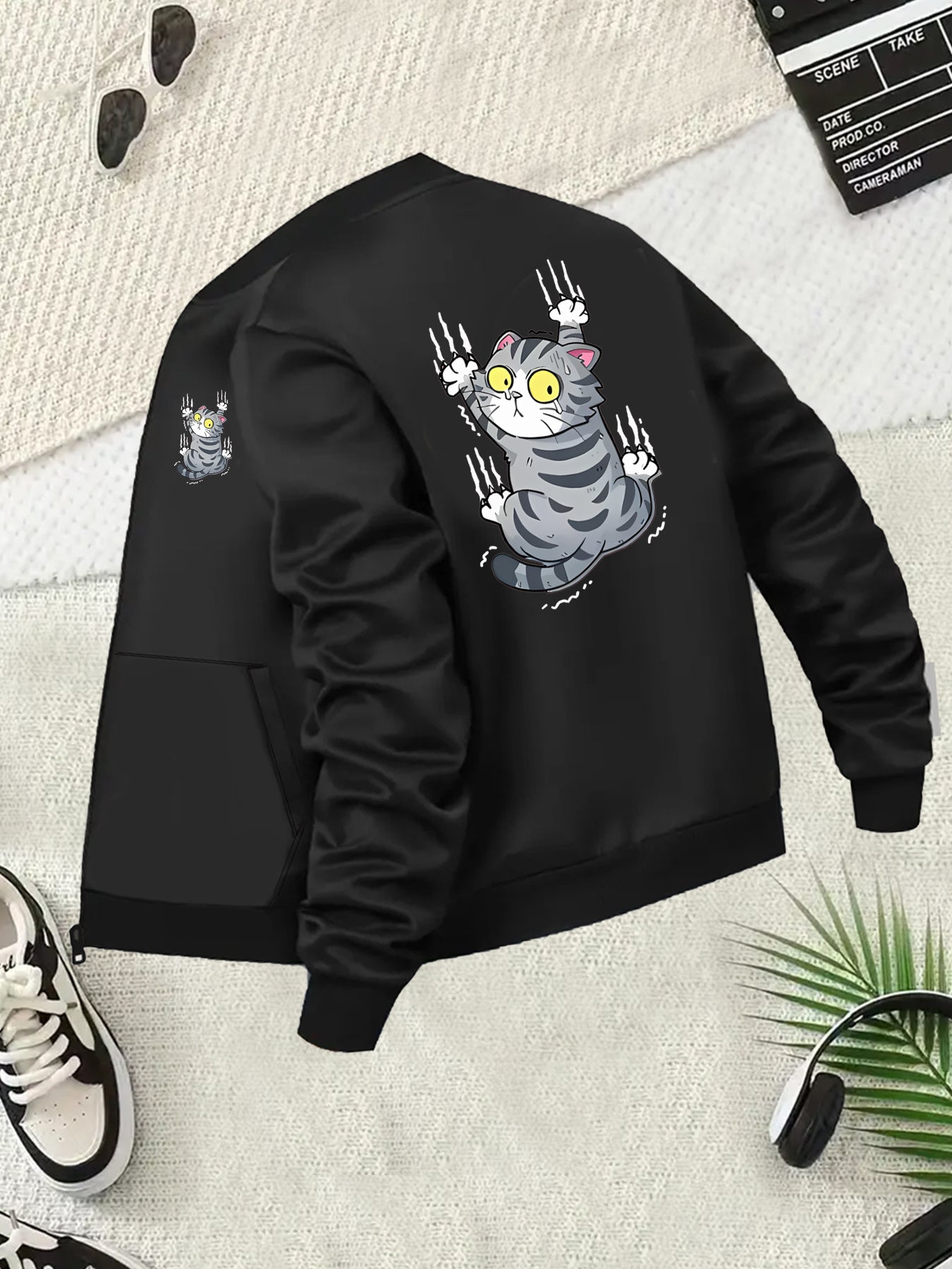 Women's Plus Size Casual Jacket Black Cartoon Cat Print Zip-Up Pockets