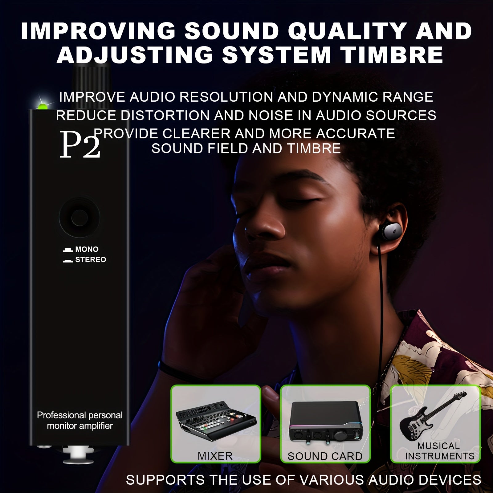 Portable Metal In-Ear Stereo Headphone Amplifier Black for Monitoring