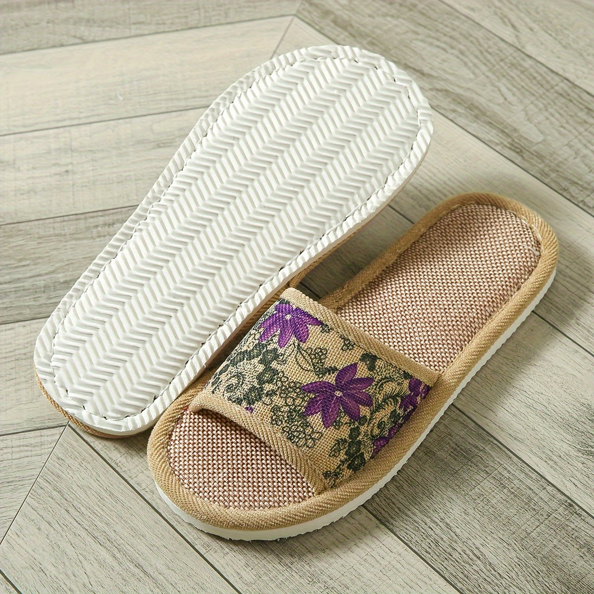 Women's Floral Linen Slippers with Non-slip Sole for Indoor Home Use