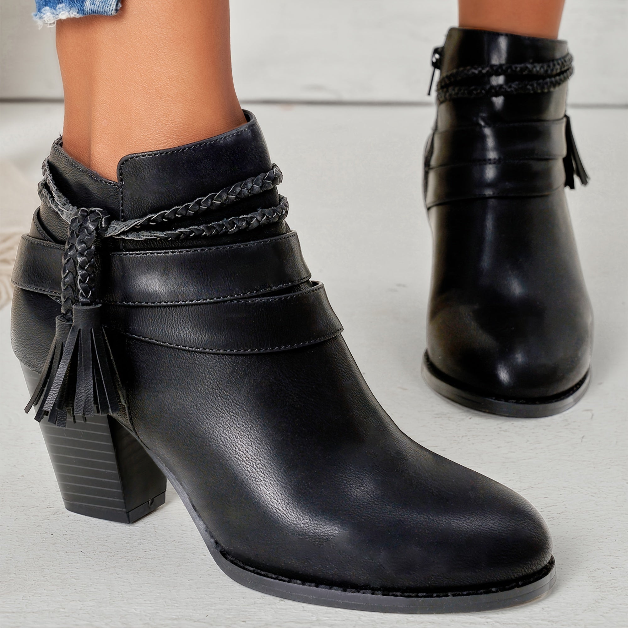 Women's Black Ankle Boots With Tassel Decor Chunky Heel Cold Weather